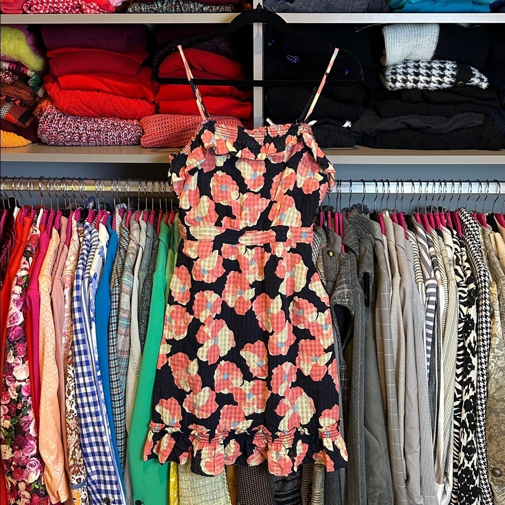 Juicy Couture silk/cotton navy/pink floral adjustable strap lined dress size 6